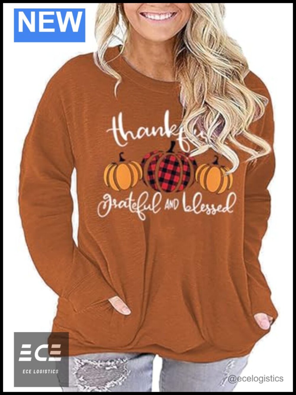 Plus Size Thankful Grateful Blessed Pumpkin Graphic Tee Long Sleeve Fall Tops